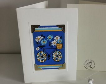 Fab Retro Bicycle Handmade greetings/birthday card. Genuine vintage playing card, 1970s - basket, flowers, bike ride, cycle, shopper cyclist