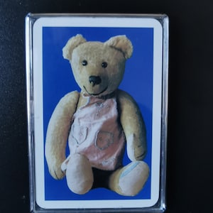 Fridge magnet ~ Genuine vintage playing card, 1970s teddy bear, blue background; Teddy birthday card. Christening, new baby, nostalgia, gift