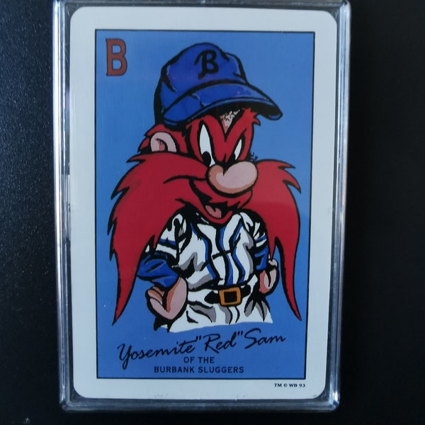 Fridge magnet ~  Genuine 31-year-old playing card, 1993. Warner Brothers baseball Yosemite 'Red' Sam -  cartoon character. Pitcher, diamond