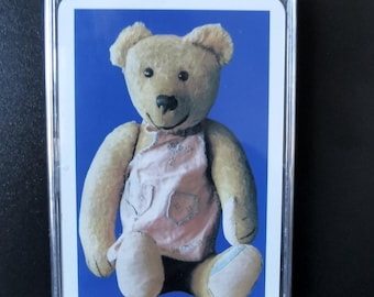 Fridge magnet ~ Genuine vintage playing card, 1970s teddy bear, blue background; Teddy birthday card. Christening, new baby, nostalgia, gift
