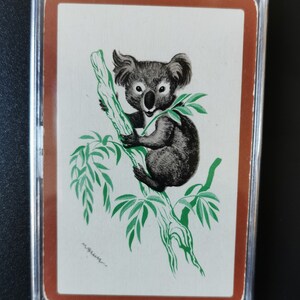 Fridge magnet ~ Genuine vintage playing card, 1950s; illustration of koala bear in eucalyptus tree; Australia; Waddingtons. Aussie cute bear