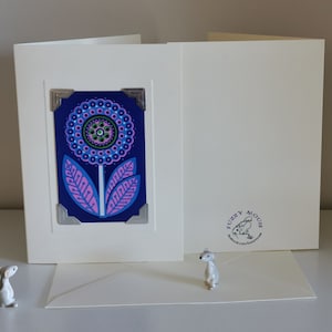 Handmade greetings/birthday card. Genuine vintage playing card, 1970s. Retro kitsch flower, daisy; purple flower; hippy chick; flower power