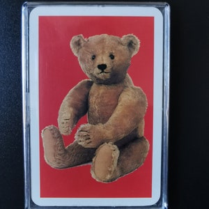 Fridge magnet ~ Genuine vintage playing card, 1970s teddy bear, red background; Teddy birthday card. Christening, nostalgia, new baby gift