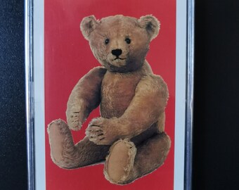 Fridge magnet ~ Genuine vintage playing card, 1970s teddy bear, red background; Teddy birthday card. Christening, nostalgia, new baby gift