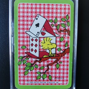 Woodstock Fridge magnet ~ Genuine vintage playing card, 1970s. Sitting in treehouse; Peanuts Gang Schulz. Yellow bird, housewarming, Snoopy
