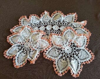 White and orange crocheted doilies/ Vintage/