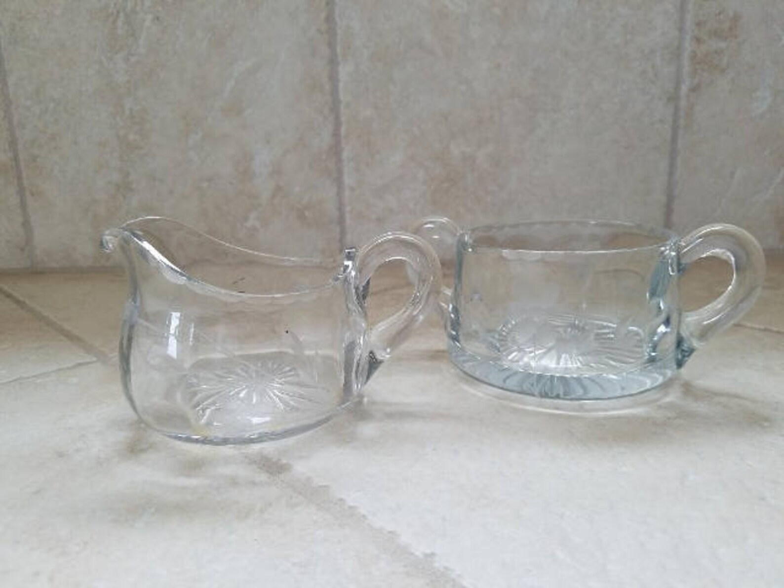 Vintage Etched Glass Sugar & Creamer Set/ Etched Flowers Clear Glass