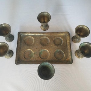 6 Vintage Antique Brass Goblets on brass tray Bohemian decor Made in India Flowers and leaves Ornate & Etched brass image 4