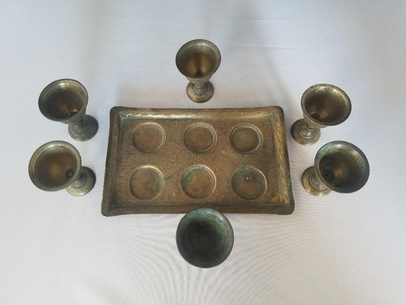 6 Vintage Antique Brass Goblets on brass tray Bohemian decor Made in India Flowers and leaves Ornate & Etched brass image 4