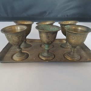 6 Vintage Antique Brass Goblets on brass tray Bohemian decor Made in India Flowers and leaves Ornate & Etched brass image 6