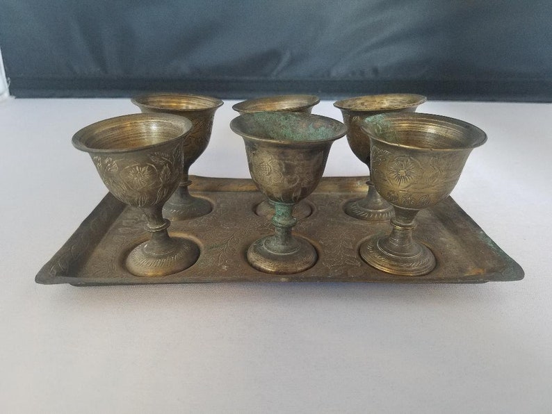 6 Vintage Antique Brass Goblets on brass tray Bohemian decor Made in India Flowers and leaves Ornate & Etched brass image 6