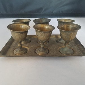 6 Vintage Antique Brass Goblets on brass tray Bohemian decor Made in India Flowers and leaves Ornate & Etched brass image 1