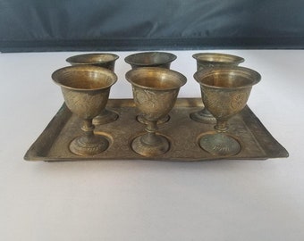 6 Vintage Antique Brass Goblets on brass tray; Bohemian decor; Made in India; Flowers and leaves; Ornate & Etched brass