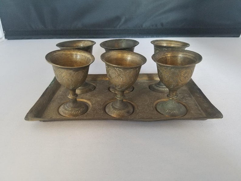 6 Vintage Antique Brass Goblets on brass tray Bohemian decor Made in India Flowers and leaves Ornate & Etched brass image 1