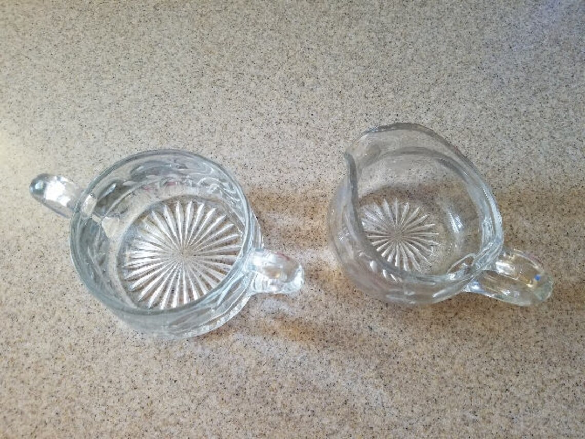 Vintage Etched Glass Sugar & Creamer Set/ Etched Flowers Clear Glass