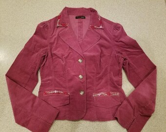 Vintage Womens Burgandy Corduroy Blazer; Six Degrees of Separation; Embroidery and sequins