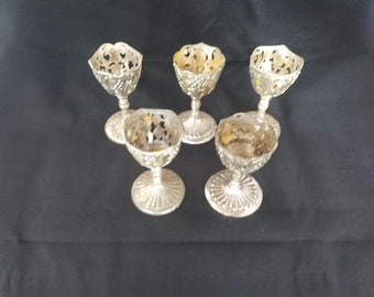 Japanese Vintage Set of 5 Silver plated cordial goblets; Filigree; Ornate; grape & leaf design