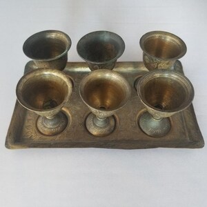 6 Vintage Antique Brass Goblets on brass tray Bohemian decor Made in India Flowers and leaves Ornate & Etched brass image 2