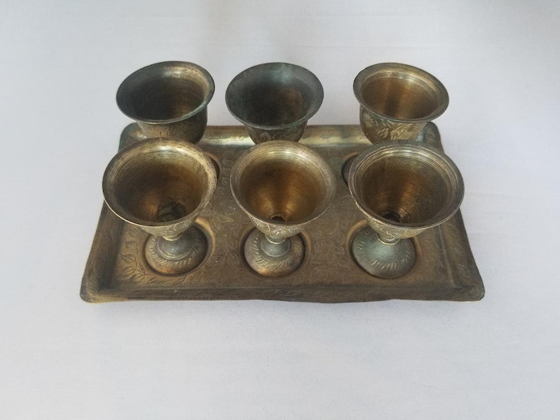 6 Vintage Antique Brass Goblets on brass tray Bohemian decor Made in India Flowers and leaves Ornate & Etched brass image 2