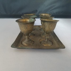 6 Vintage Antique Brass Goblets on brass tray Bohemian decor Made in India Flowers and leaves Ornate & Etched brass image 3