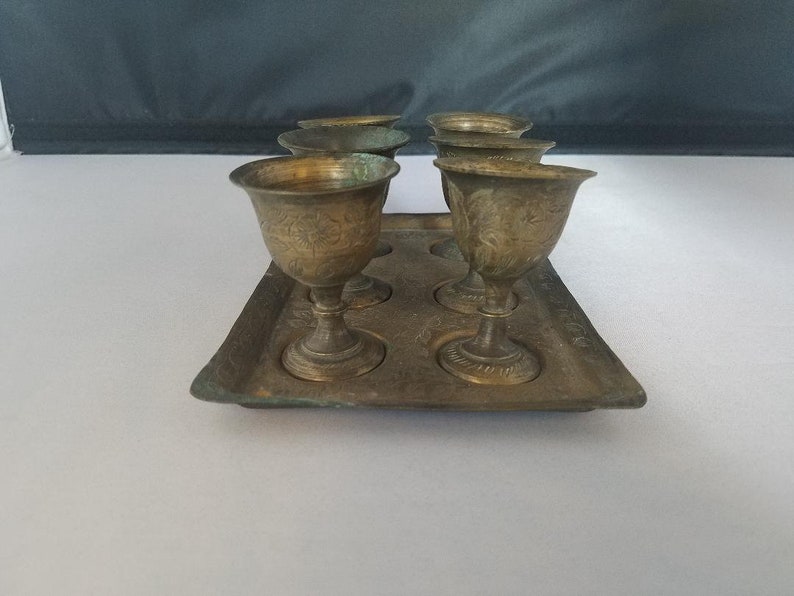 6 Vintage Antique Brass Goblets on brass tray Bohemian decor Made in India Flowers and leaves Ornate & Etched brass image 3