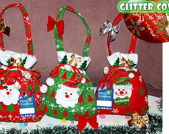 Santa Sack with 3d decoration, little shiny santa sack, santa sack, christmas bag, santa bag, little santa bag, santa, bag, glitter