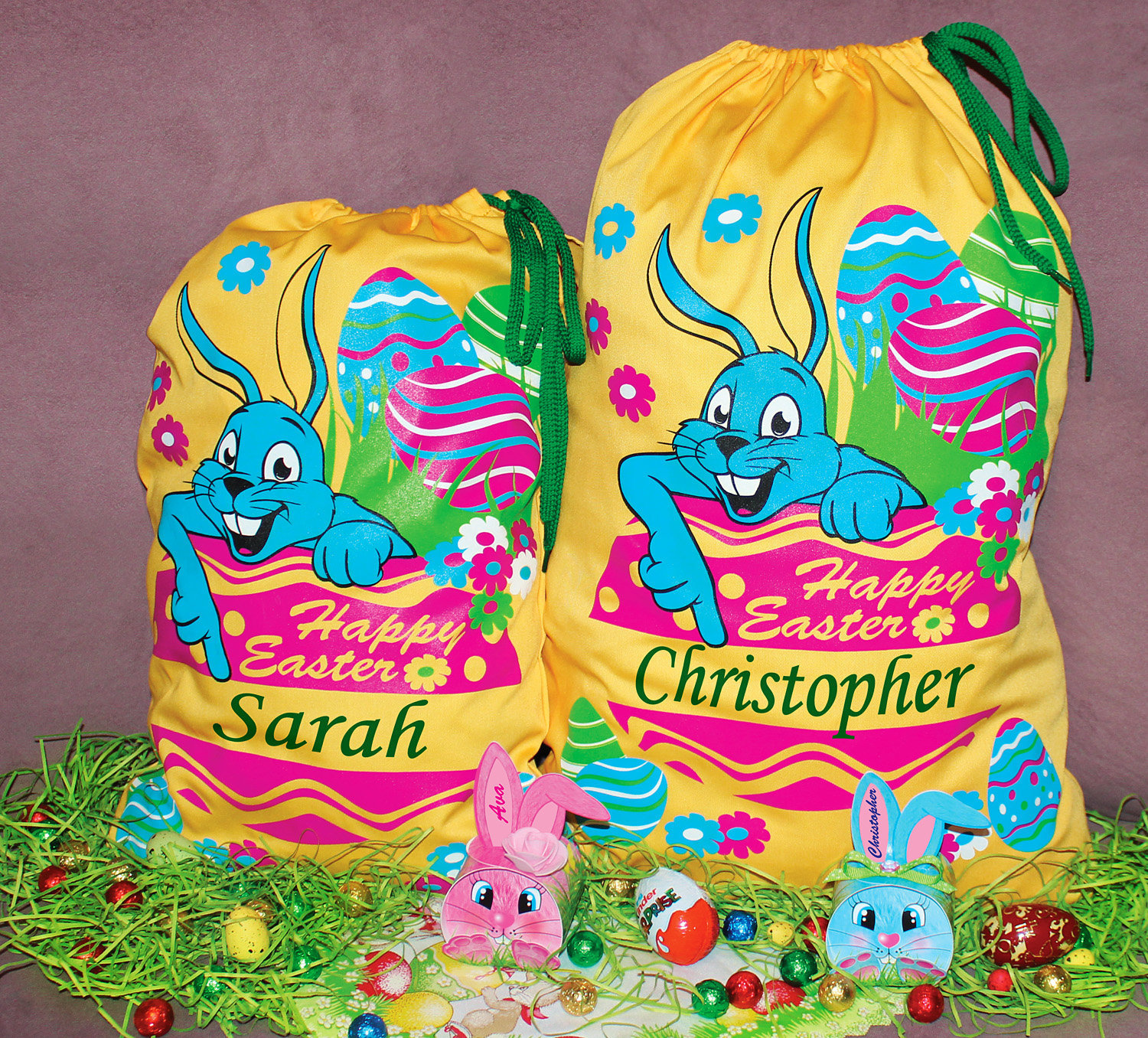 Personalised kids your name Easter glitter egg treats sack bag