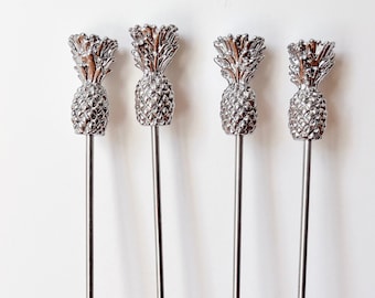 Silverplate Pinneapple Cocktail Stir Sticks. Reusable Metal Vintage Stir Stick. Vintage Bar Accessories.