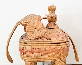 Vintage Woven Elephant Lidded Basket from Bangladesh.  Vintage South Asian Decor.
