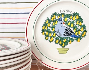 Vintage 12 Days of Christmas Plates. Full Set of Colorful Retro Designed Christmas Dinner Plates.