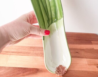 Italian Green and White Onion Leek Ceramic Elongated Serving Platter.