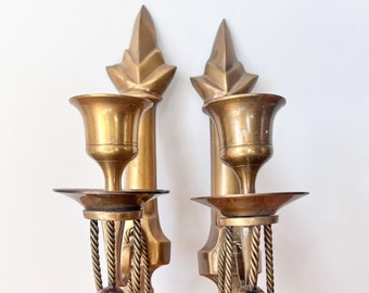 Pair of Petite Brass Arrow and Rope Tassel Wall Sconces.  Vintage Brass Wall Decor. Pair of Matching Candle Sconces for Wall.