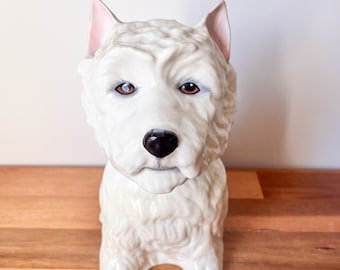1970s Scottish Whiskey Ceramic White Westie Dog Decanter. Vintage Royal Adderley West Highland Terrier Empty Liquor Bottle.