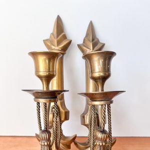 Pair of Petite Brass Arrow and Rope Tassel Wall Sconces. Vintage Brass Wall Decor. Pair of Matching Candle Sconces for Wall. image 1