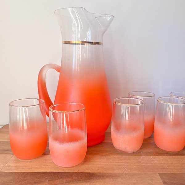 1950s Frosted Peach Pitcher and Juice Glasses by Blendo.  Retro Frosted Glass.