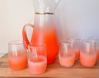 1950s Frosted Peach Pitcher and Juice Glasses by Blendo.  Retro Frosted Glass.