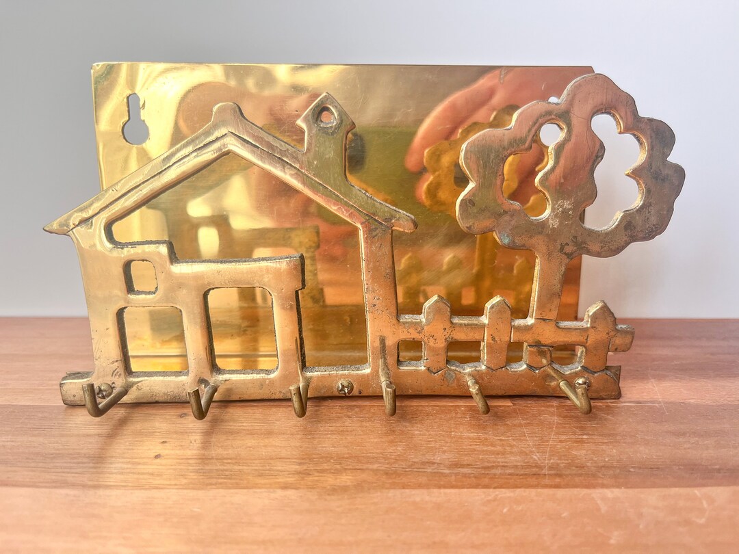 Vintage Brass Key Hooks and Mail Holder. Vintage Brass Entryway