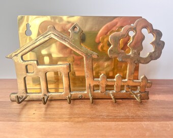 Vintage Brass Key Hooks and Mail Holder. Vintage Brass Entryway Organizer.