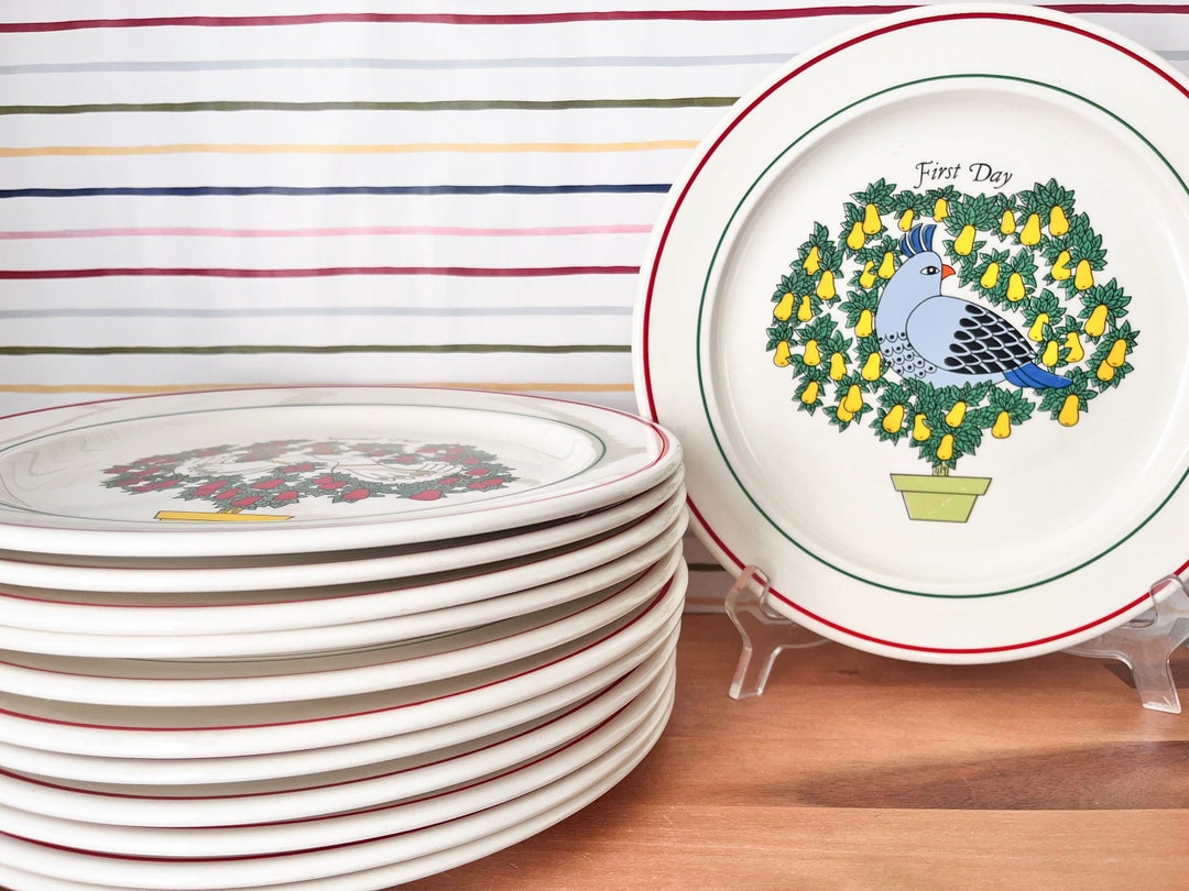 Vintage 12 Days of Christmas Plates. Full Set of Colorful Retro Designed Christmas Dinner Plates