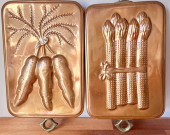 Pair of Vintage Copper Jelly Molds. Pair of Tin Lined Vegetable Copper Mold. French Country Kitchen Wall Decor.