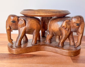 Vintage Elephant Carved Wood Tabletop Plant Stand. Vintage Wood Riser / Pedestal.