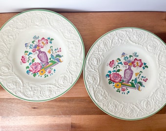 Pair of Vintage Floral Plates. Colorful Wedgewood Porcelain White Dishes.