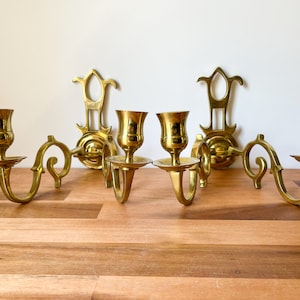 Pair of Solid Brass Vintage Wall Sconces. Two Arm Candle Gold Sconces. Vintage Brass Wall Decor. image 1