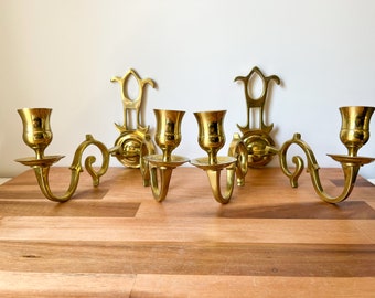 Pair of Solid Brass Vintage Wall Sconces. Two Arm Candle Gold Sconces. Vintage Brass Wall Decor.