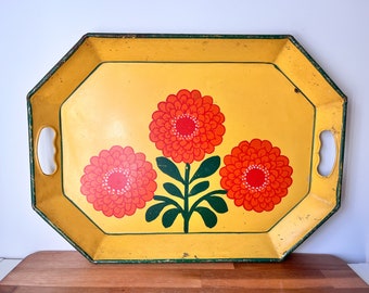 Large Vintage Metal Floral Decorative Tray. Shabby Chic Yellow Tray with Bright Pink Zinnia Flowers.