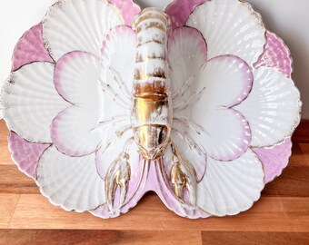 Early 1900 Victorian Porcelain Divided Lobster Bowl. Late Victorian Pink and White Scalloped Shell Decorative Dish.