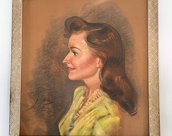 Original Vintage Pastel Portrait. Mid Century Artwork. Vintage Framed Wall Decor.