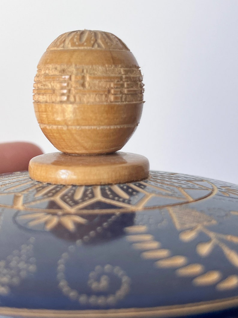 Hand Carved Wooden Floral Blue Lidded Box. Round Mexican Carved Wooden Trinket Box. image 3