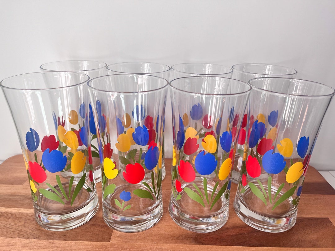 Set of Primary Colored Tulip Glasses by Tulip Tyme. Large Vintage