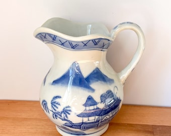 Chinoiserie Blue and White Ceramic Pitcher.